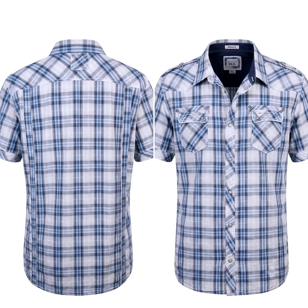BKE Men Blue White Plaid Short Sleeve Western Snap Front Shirt Athletic Fit 2XL